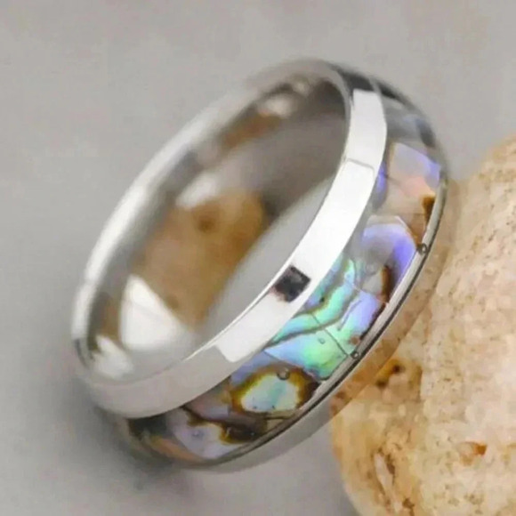 Abalone Shell Inlay Stainless Steel Ring Size 8 - Picture 1 of 4